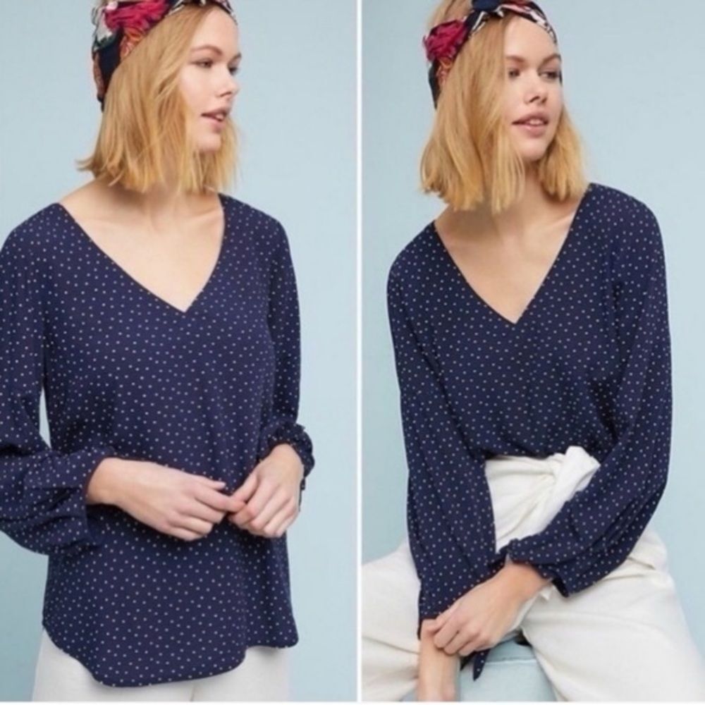 Anthropologie Maeve Pernille Tie Sleeve Navy Dotted Blouse Size Small